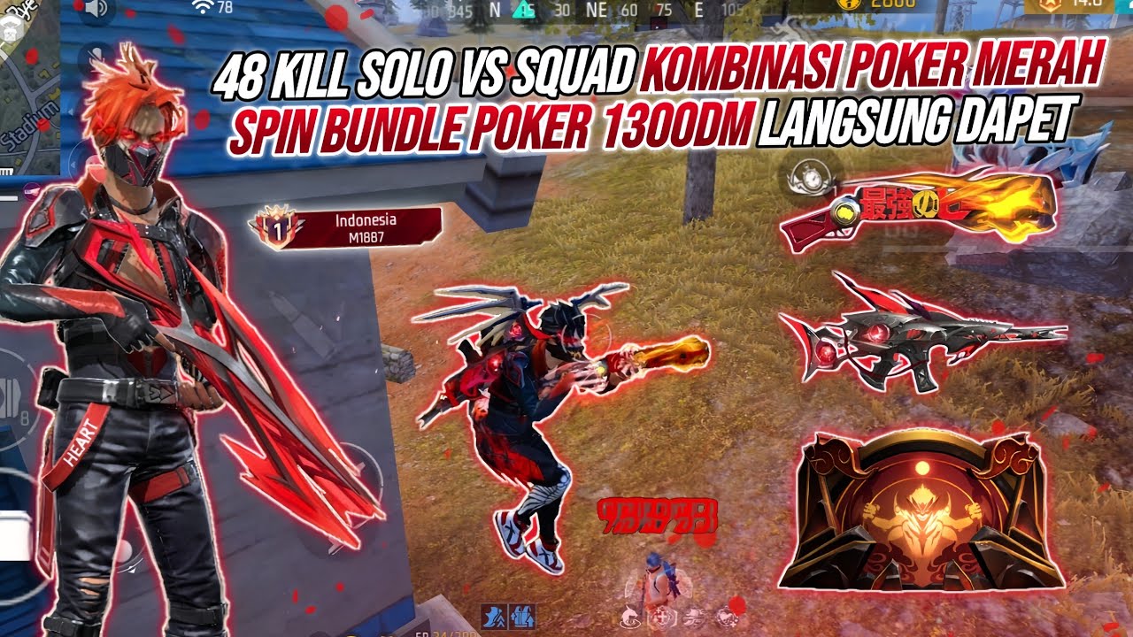 48 KILL SOLO VS SQUAD FULL KOMBINASI POKER MERAH !!! SPIN BUNDLE POKER MODAL 1300DM LANGSUNG DAPET