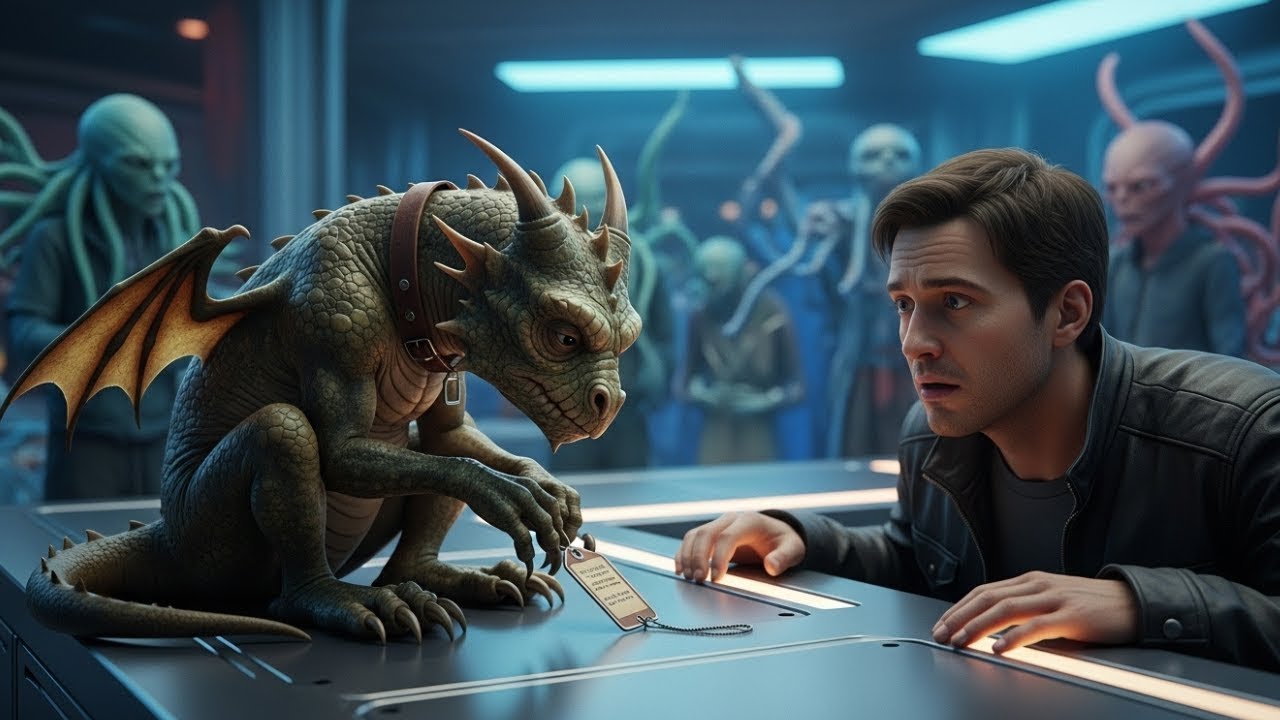 Alle Aliens verschmähten diesen alten Zwergdrachen – bis ein Mann das Schild an seinem Halsband ....