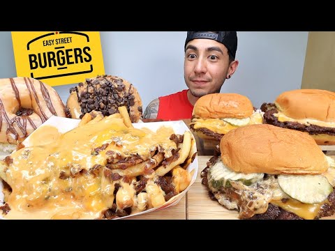 MUKBANG EATING Easy Street Burgers Saucy Double Burger, Loaded Wild Fries, Nutella Donut