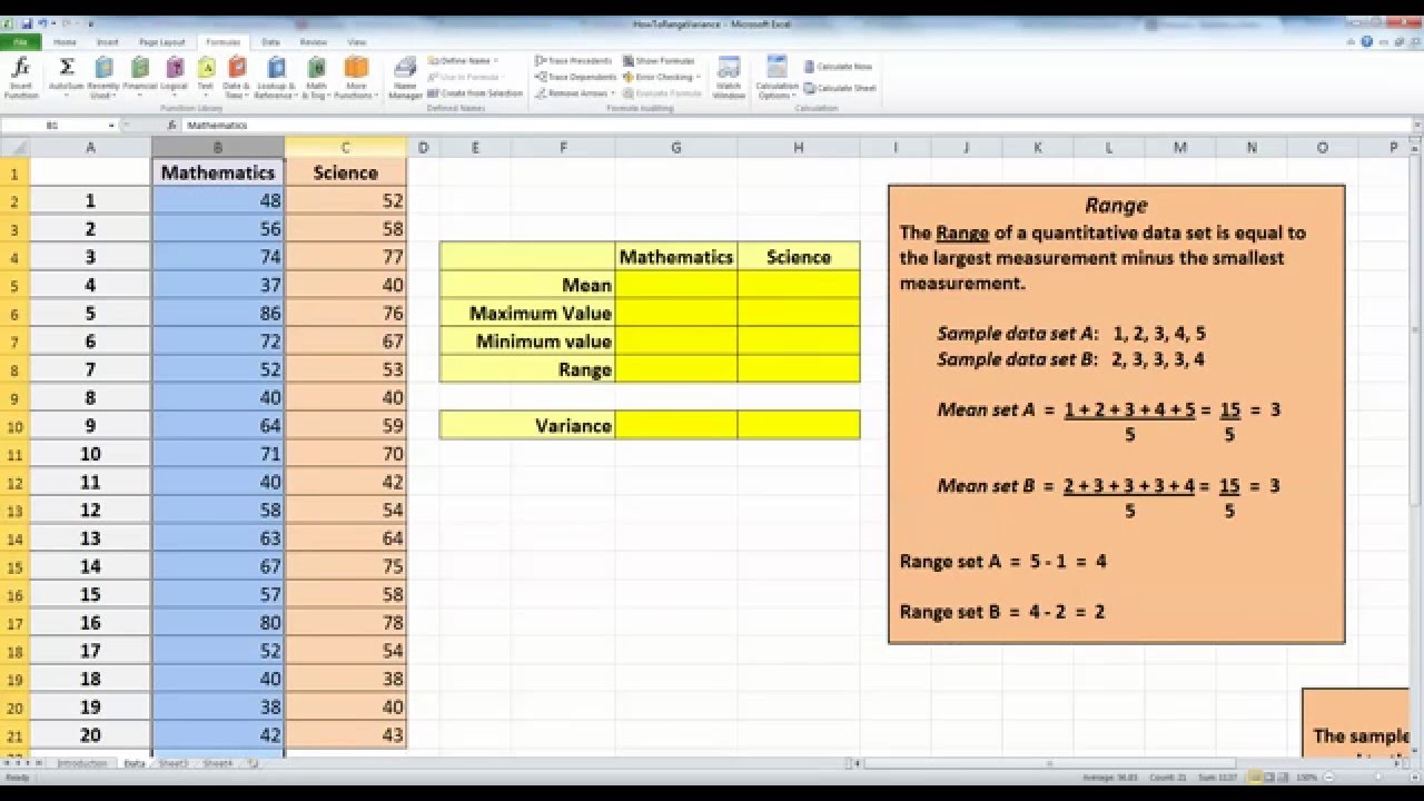 how-to-calculate-data-range-and-sample-variance-in-excel-2010-youtube