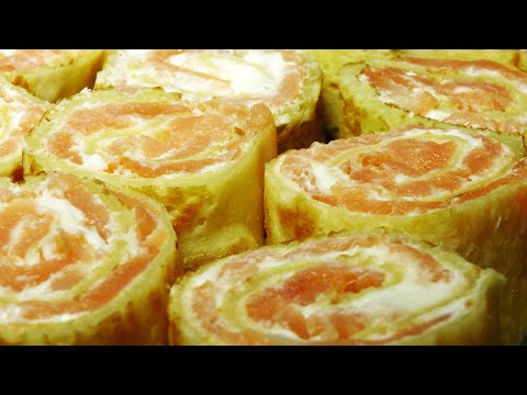 БЛИННЫЕ РУЛЕТИКИ С ЛОСОСЕМ. Красивая и вкусная закуска. Готовятся легко.