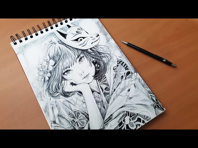 Realistic Drawing - Japanese Anime Fox Girl - Kitsune Fox Mask