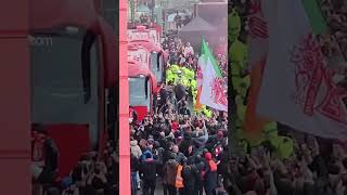 Liverpool team bus arriving at Anfield ahead of Manchester City clash.