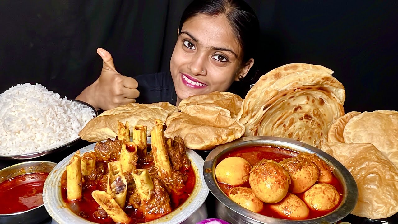 Spicy Mutton Curry Egg Curry Puri Laccha Paratha Rice Eating Food Eating Video