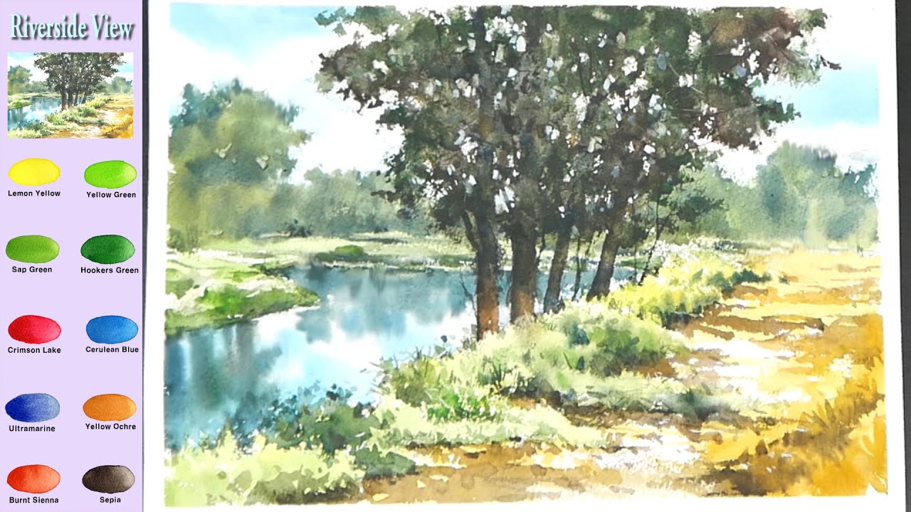 Landscape Watercolor - Riverside View (sketch & color name view ...