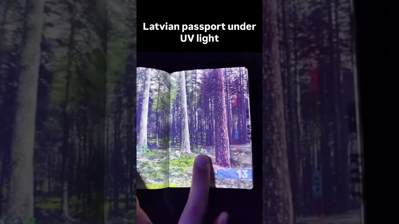 Latvian passport under UV light