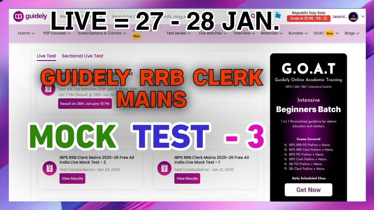 RRB Clerk Live Mock Test Guidely - 3 | Guidely Live Mock Test RRB Clerk | 27th Jan 