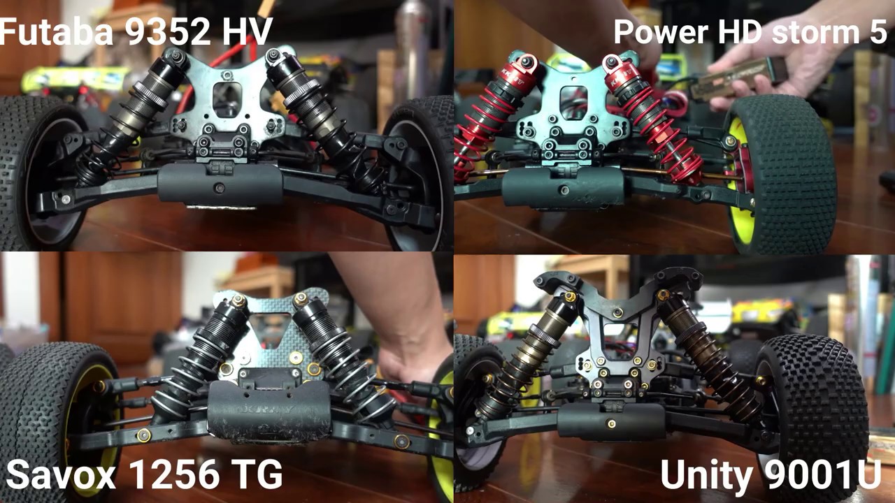 Servo Comparison between Futaba9352HV, PowerHD storm5, Savox 1256TG, Unity 9001U