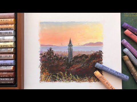 油絵 風景画 ✡️ サルスベリ② P10【8月】 Oil Pastel Painting 油画棒 - Spectacular View of UC Berkeley
