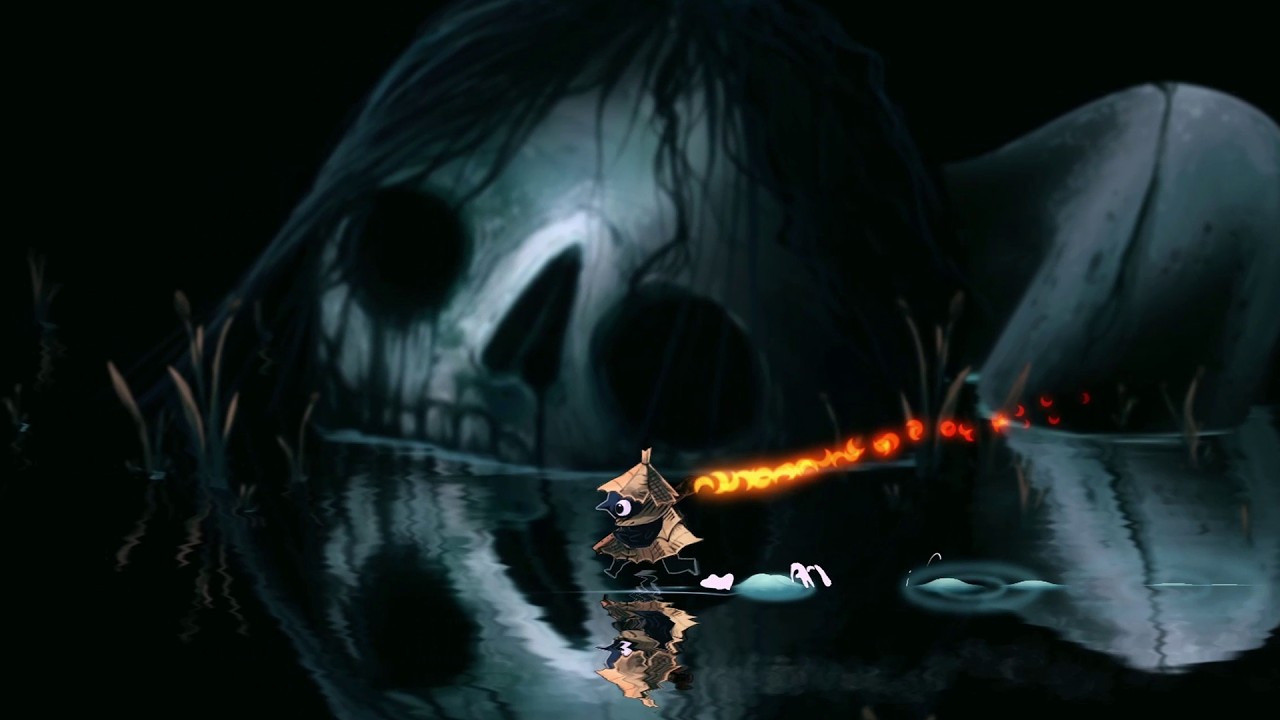 Glimmer running past a giant skull