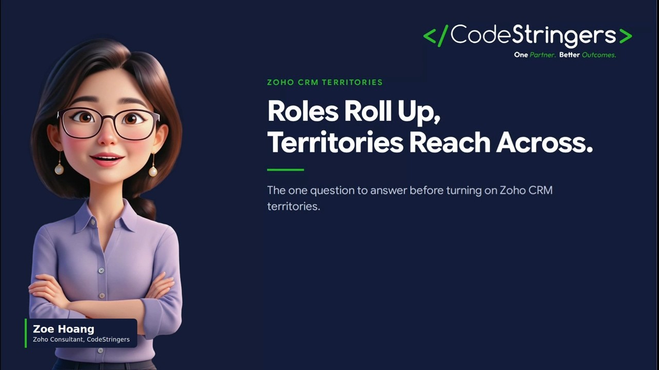 Title card: Roles Roll Up, Territories Reach Across, with presenter Zoe Hoang