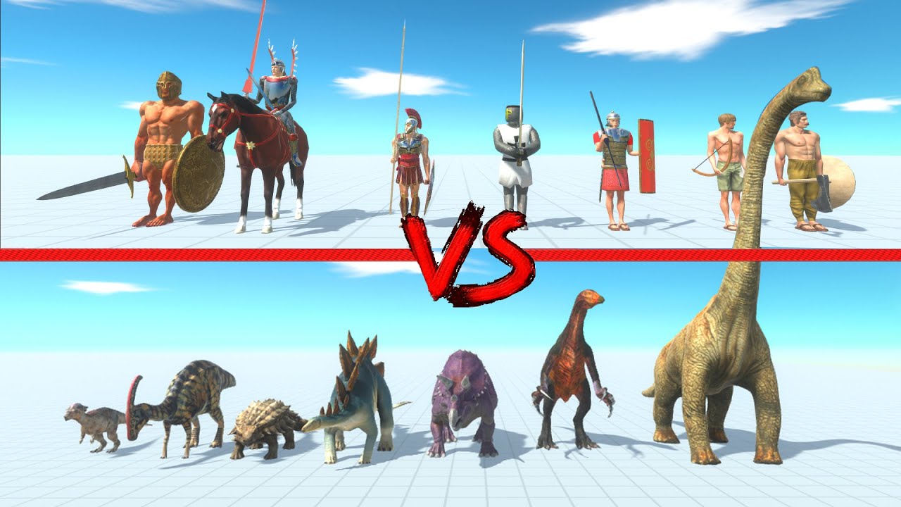 ancient humans team against herbivore dinosaurs team - Animal Revolt Battle Simulator