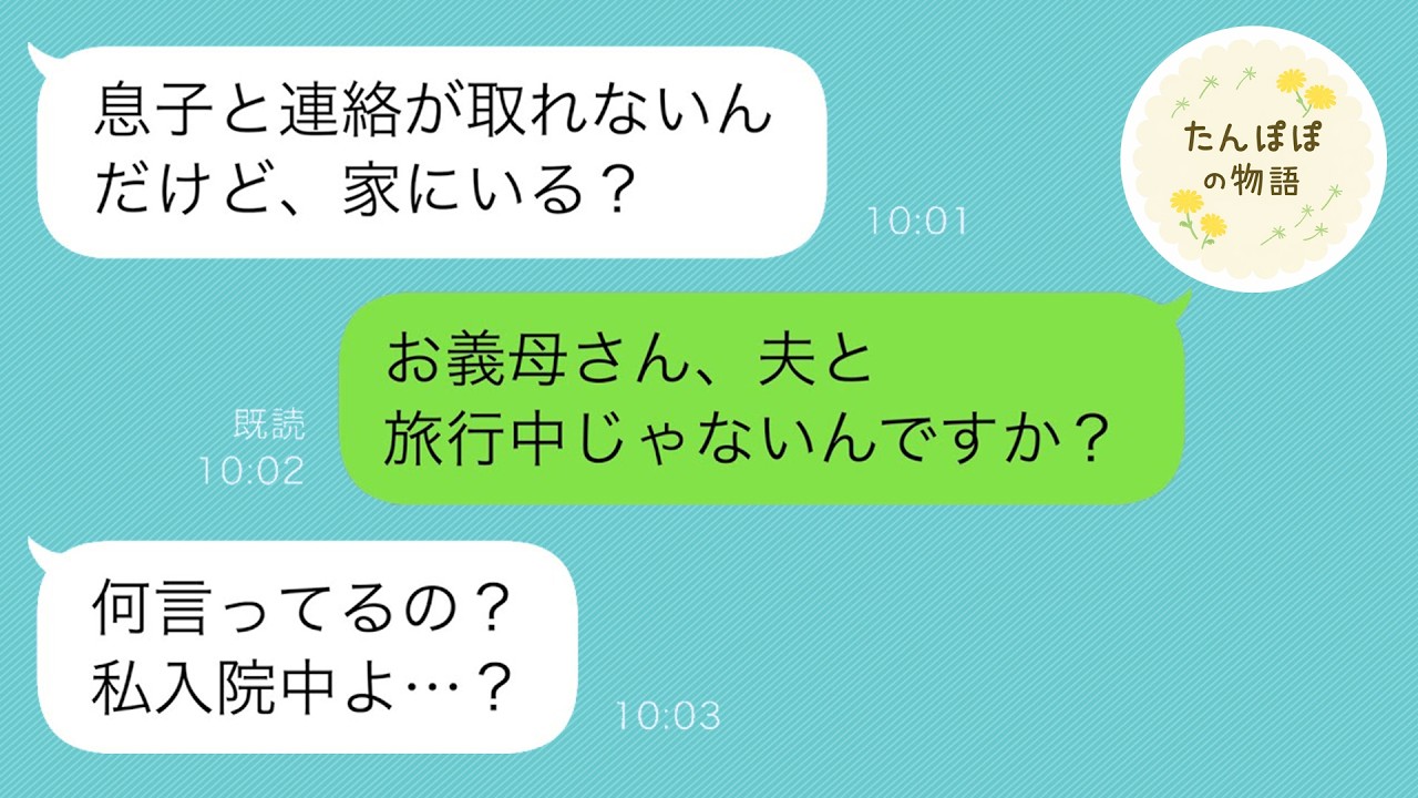 夫は「母さんと旅行してくる」と言って家を出たが、次の朝義母からの電話で病院に入院していることを聞かされ、驚かされた。