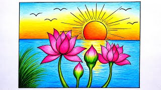 Career Overview Beautiful Lotus Flower Sunrise Scenery Drawing | Easy Nature Drawing & Colouring for Beginners