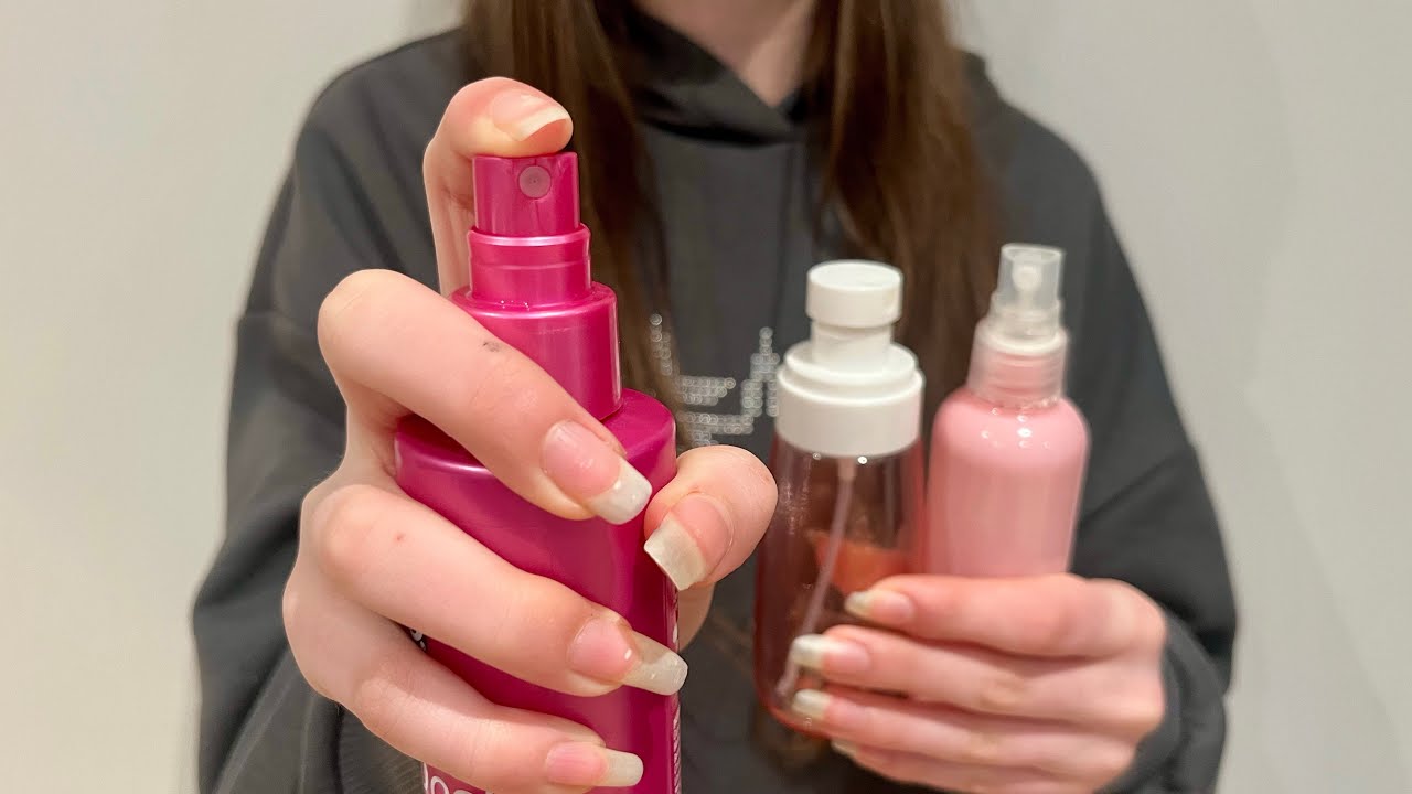 ASMR lo-fi spraying + combing your hair | 15 different spray bottles | camera combing 
