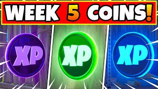 Fortnite Week 5 XP COINS LOCATIONS Guide! ALL Coins: Gold, Purple, Green, Blue Tutorial