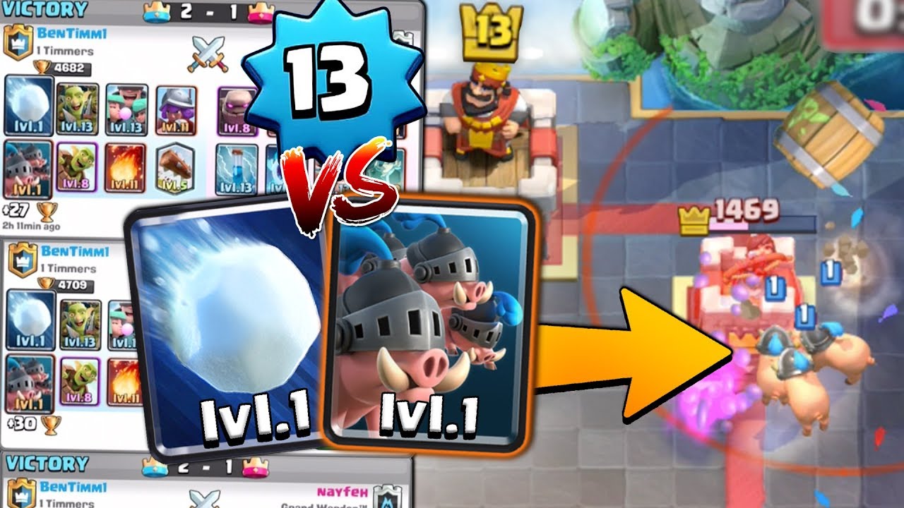 NEW LEVEL 1 CARDS WIN vs LEVEL 13 PLAYERS | Clash Royale LEVEL 1 ROYAL HOG & SNOWBALL CARD TROLLING