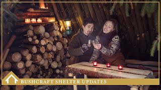SHELTER UPDATES + CAMPFIRE LUNCH (bed, shelves, table, lighting)