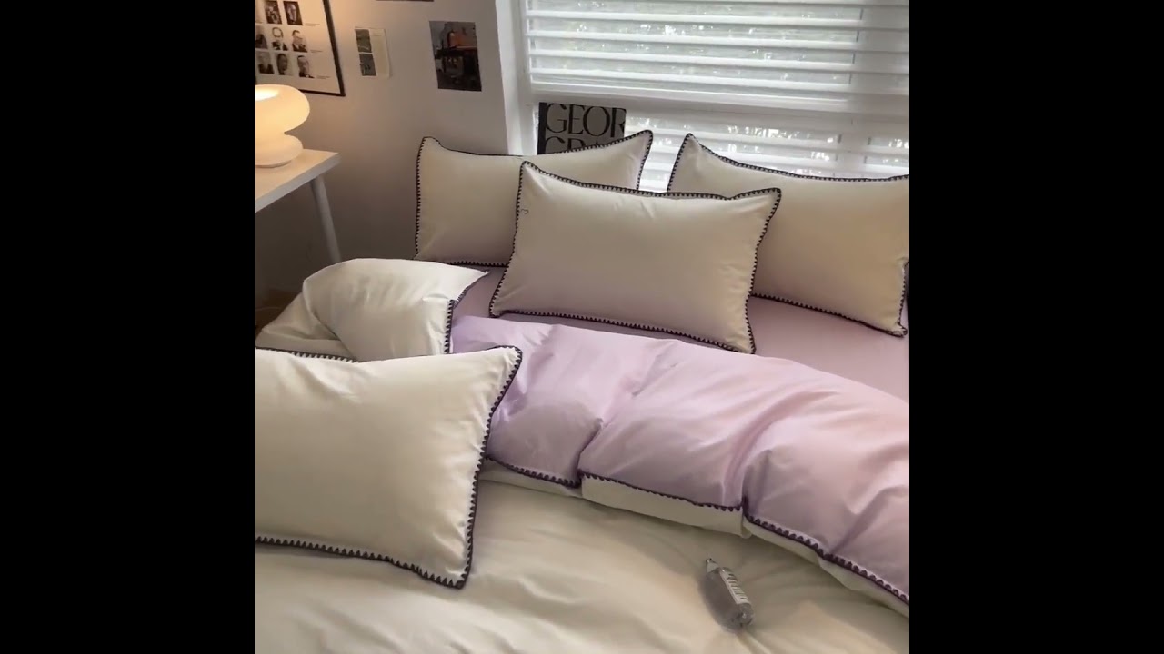 milk white & purple pure cotton bed sheets fitted four piece set