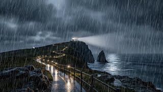 Famous Rainy Lighthouse Night - 4K Static Loop: Ocean Waves & Beacon Light Ambience Wealth