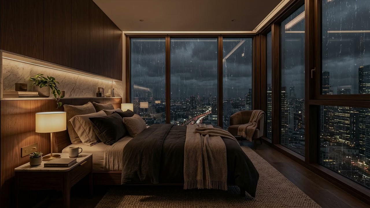 Gentle Rain Falling Over Quiet City Streets While Streetlights Glow Through The Misty Night