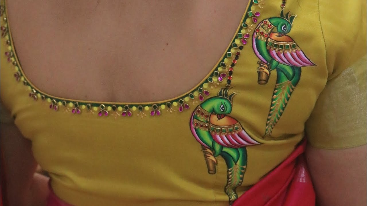 Tanjore style simple painting parrots on  blouse for Beginners|| Fabric Painting-125 || JLPraphulla