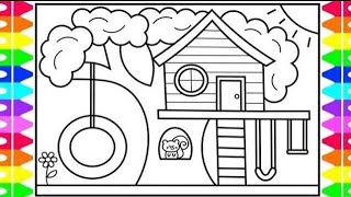 Tree House Drawing, Let's Draw and color together, Easy Step by Step