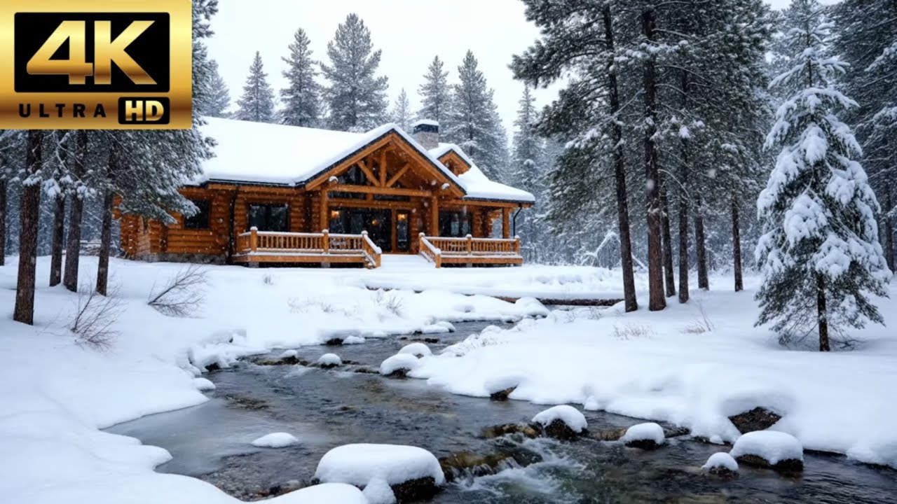 Snowy Cabin by the Stream ❄️💧 | Deep Relaxation & Peaceful Winter Ambience • 4K 1 Hour