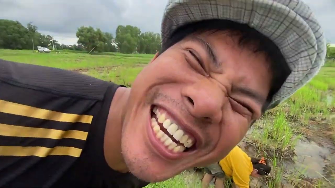 A group of talented women catch fish in the rice fields near the foot of the mountain