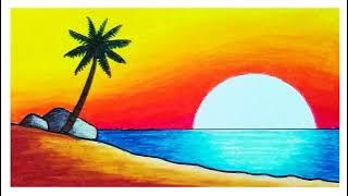 Menggambar Pemandangan | Cara Menggambar Pemandangan Matahari Terbenam di Pantai Dengan Oil Pastel