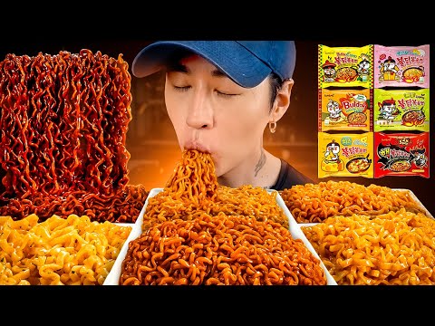 asmr-mukbang-spicy-fire-noodles-challenge-(black-bean,-2x-nuclear,-carbonara,-curry,-cheese,-corn)