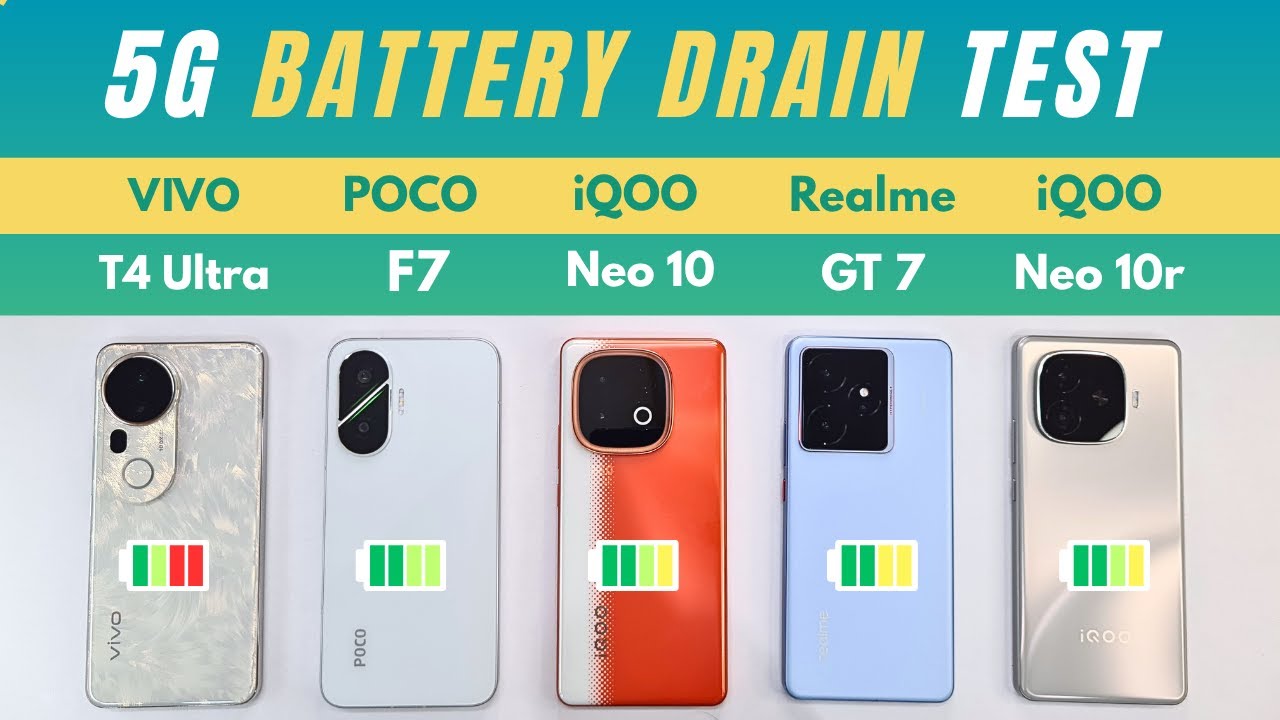 (5G) BATTERY Drain Test | VIVO T4 Ultra vs  POCO F7 vs iQOO Neo 10 vs Realme GT 7 vs iQOO Neo 10r