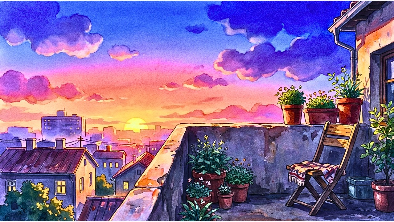 🌇🌿 Watching the Sunset from the Rooftop — Ghibli Style Peaceful Ending