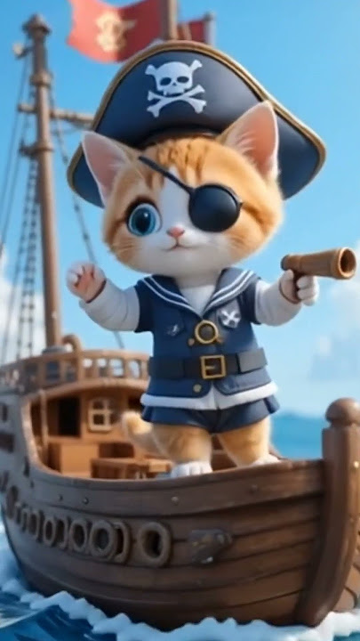 A cute kitten in a sailor costume is sailing on a ship in the blue ocean #cat #kitty #catlovers