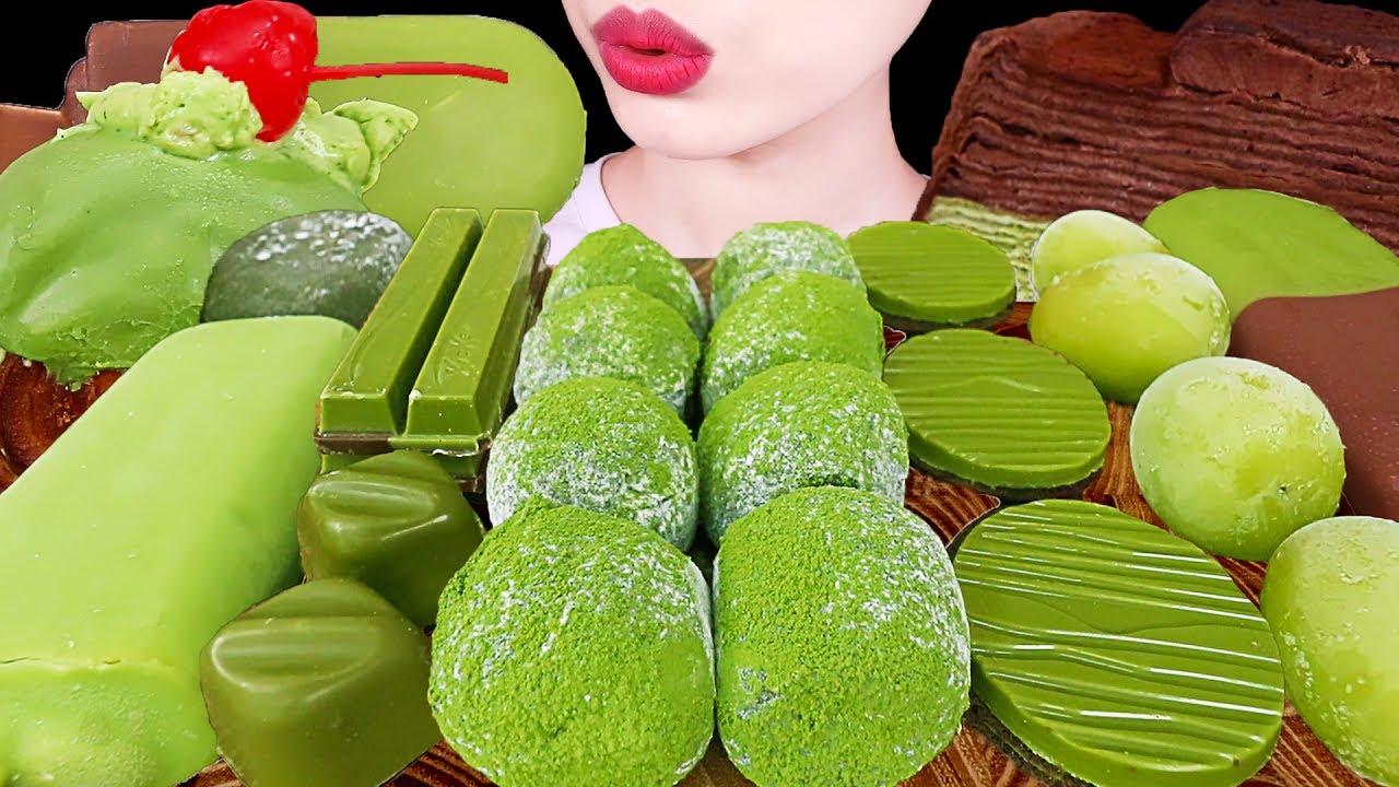 ASMR MUKBANG｜GREEN TEA CHOCOLATE, ICE CREAM, RICE CAKE, FROZEN GRAPE, CREPE CAKE, SNACK 녹차 초콜릿 파티 먹방