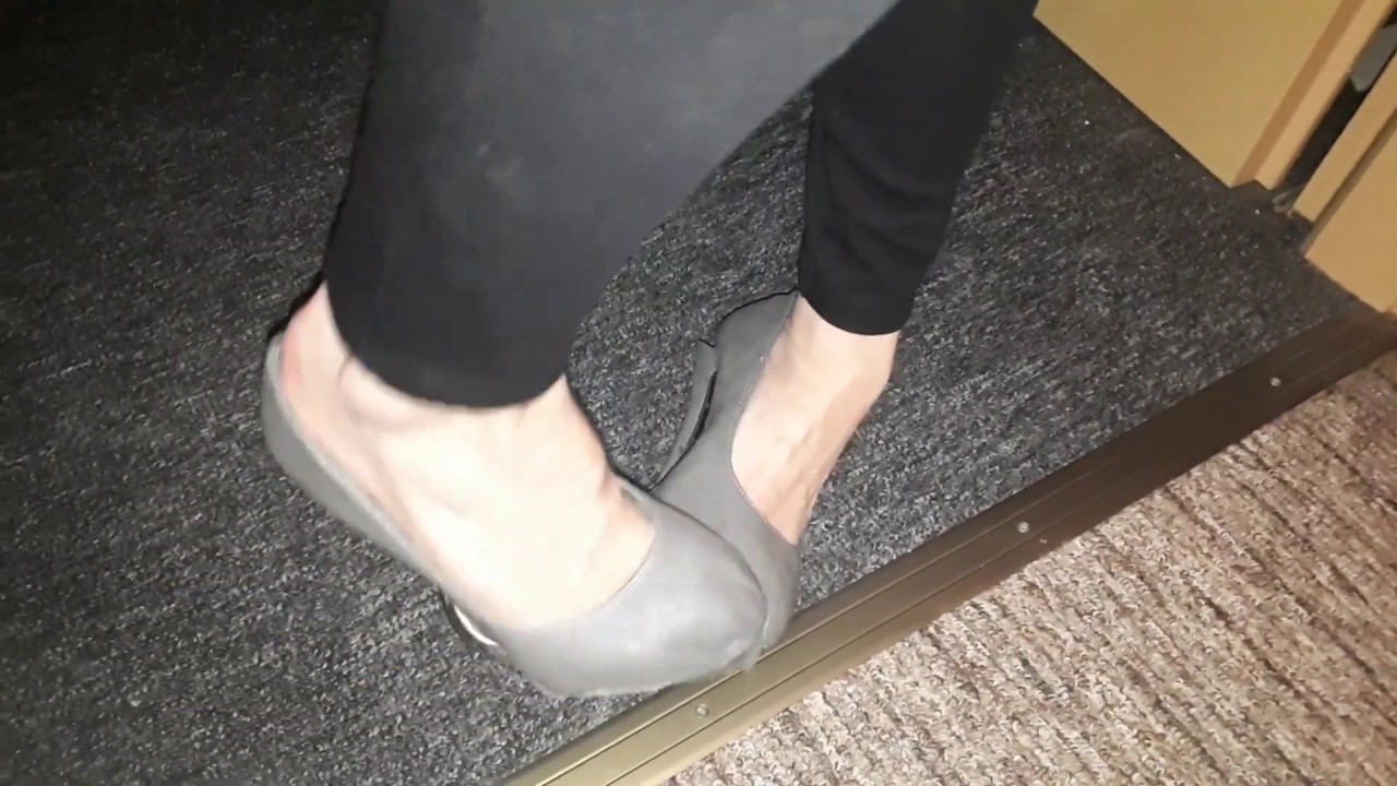 Grey Pumps. Heels bending and destruction