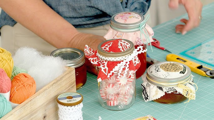 Decorating jam jars with fabric, Decorating mason jars, Decorating glass  jars 