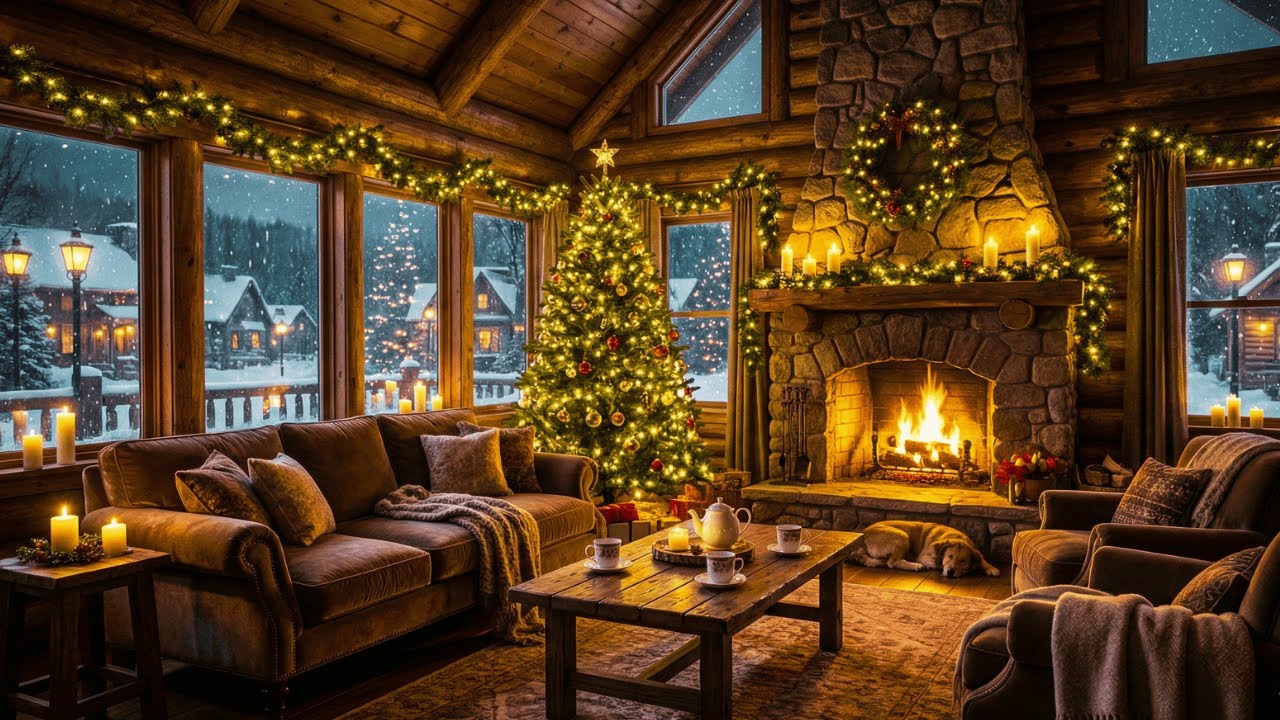 Peaceful Holiday Music 🎄 Cozy Fireplace Ambience & Soft Falling Snow