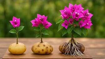 Stick a bougainvillea branch into a potato/ You will have a bougainvillea plant overnight.