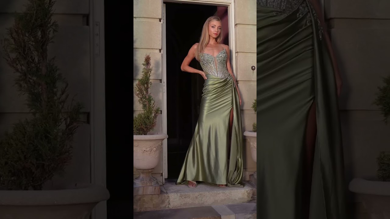 Strapless Green Satin Prom Dress CD722 with Leg Slit & Sash
