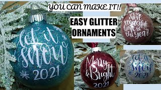 Easy No Mess Glitter Christmas Ornaments/Personalized No Holiday Ornaments/Dollar Tree DIY
