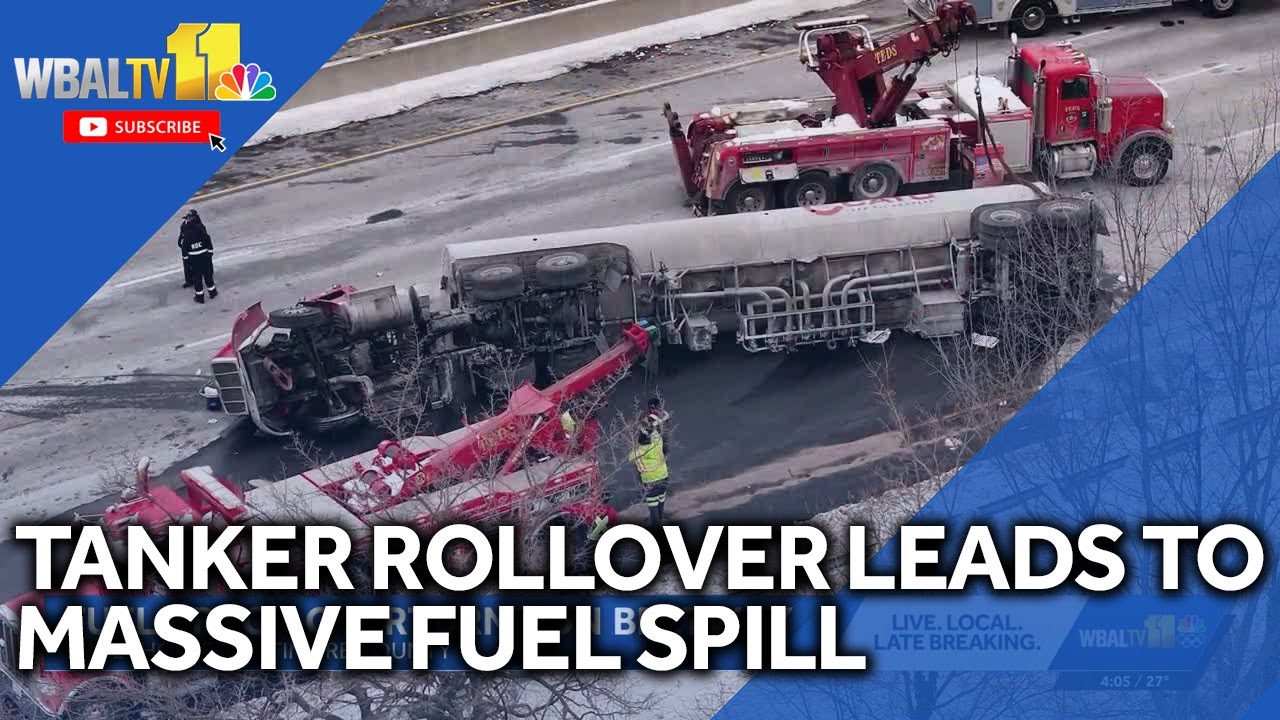 Tanker rollover crash causes massive fuel spill - YouTube