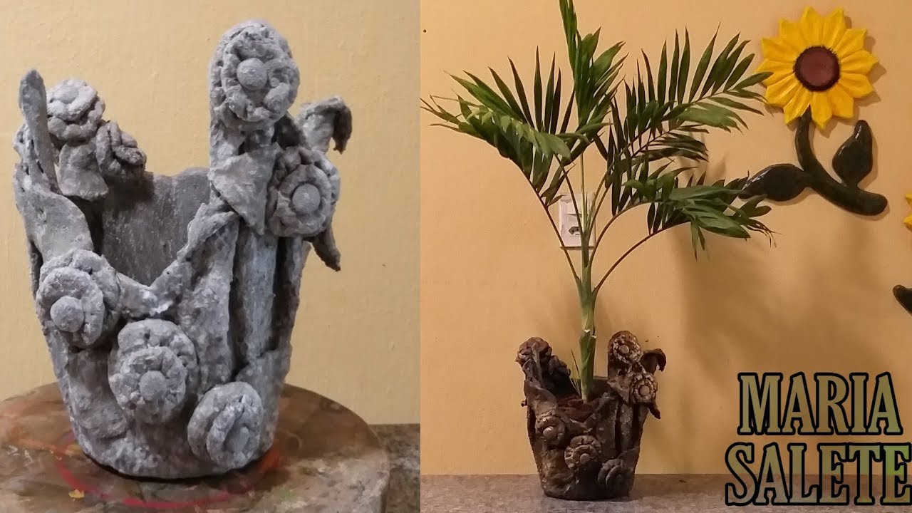 VASO DE TECIDO E CIMENTO DECORADO COM FLORES DE FUXICO ( BÚNAÐUR FLUGJA DÚS OG Sement