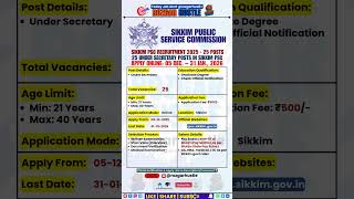 Sikkim PSC Under Secretary Recruitment 2026 – Apply Online 25 Post #shorts #SPSC #govtjobs #jobalert