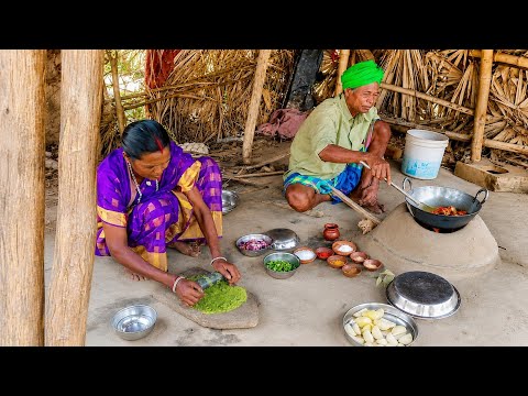 Chicken Curry with Potato and Tomato Chatni || cooking and eating by santali tribe old couple