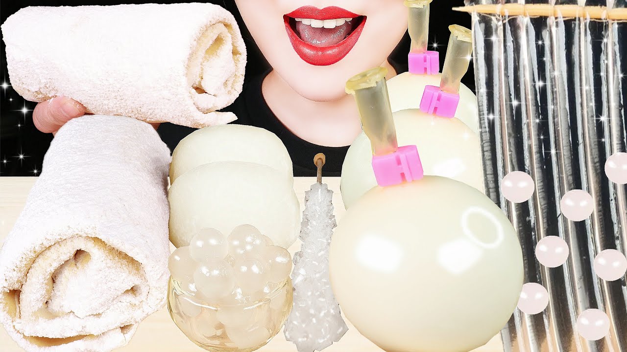 ASMR WHITE DESSERTS: EDIBLE TOWEL CREPE CAKE, BALLOON PUDDING, MOCHI, BOBA PEARL, JELLY NOODLES 먹방
