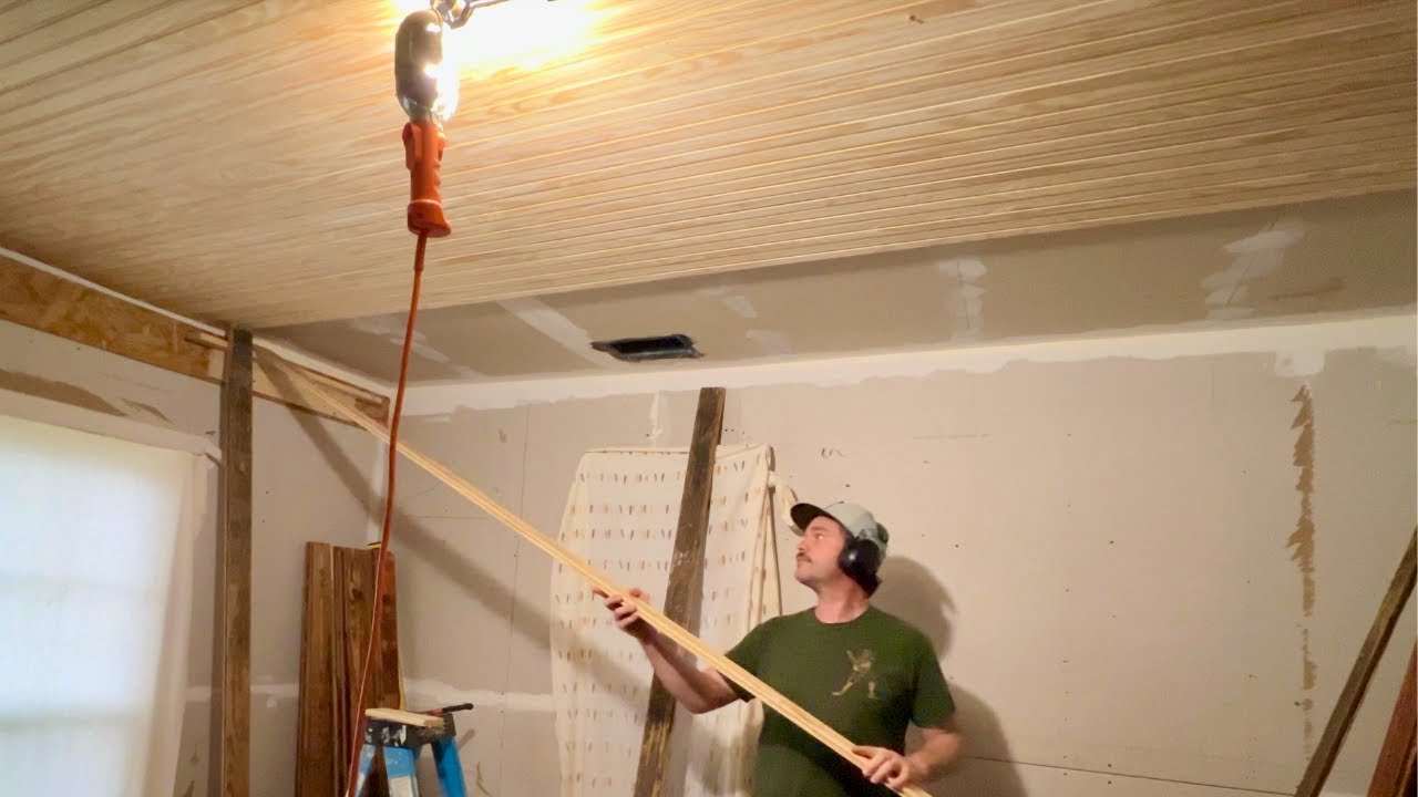Installing a Beadboard Ceiling and Sanding Old Pine Floors - YouTube
