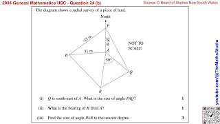 2004 General Maths HSC Q24b How to find angles / bearings in compass radial survey using cosine rule