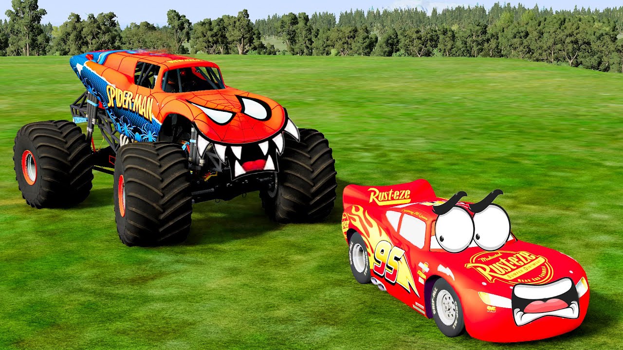 Angry Spider-Man Monster Truck Chasing Lightning McQueen - BeamNG.Drive ...