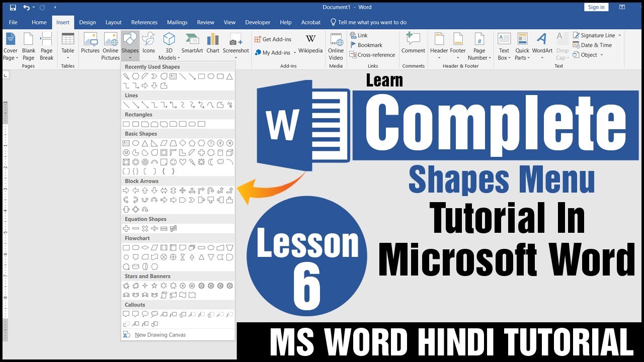 Ms Word Lesson 6 || Complete Shapes Menu in Ms Word Hindi Tutorial ...